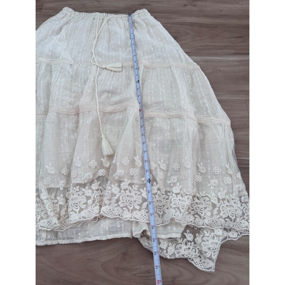 Mira Boutique Ivory Cotton Lace Tiered Boho Maxi Skirt chic Tassel Drawstring a3 - Picture 6 of 6